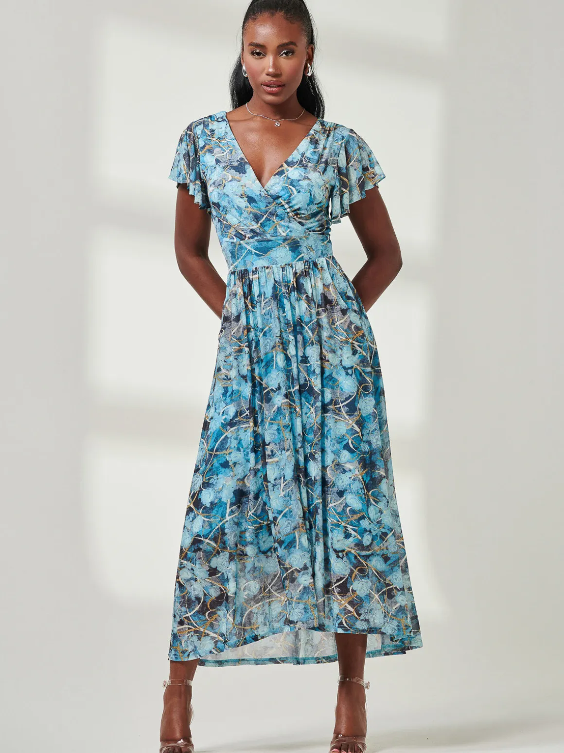 Wrap Dip Hem Mesh Maxi Dress, Blue Abstract