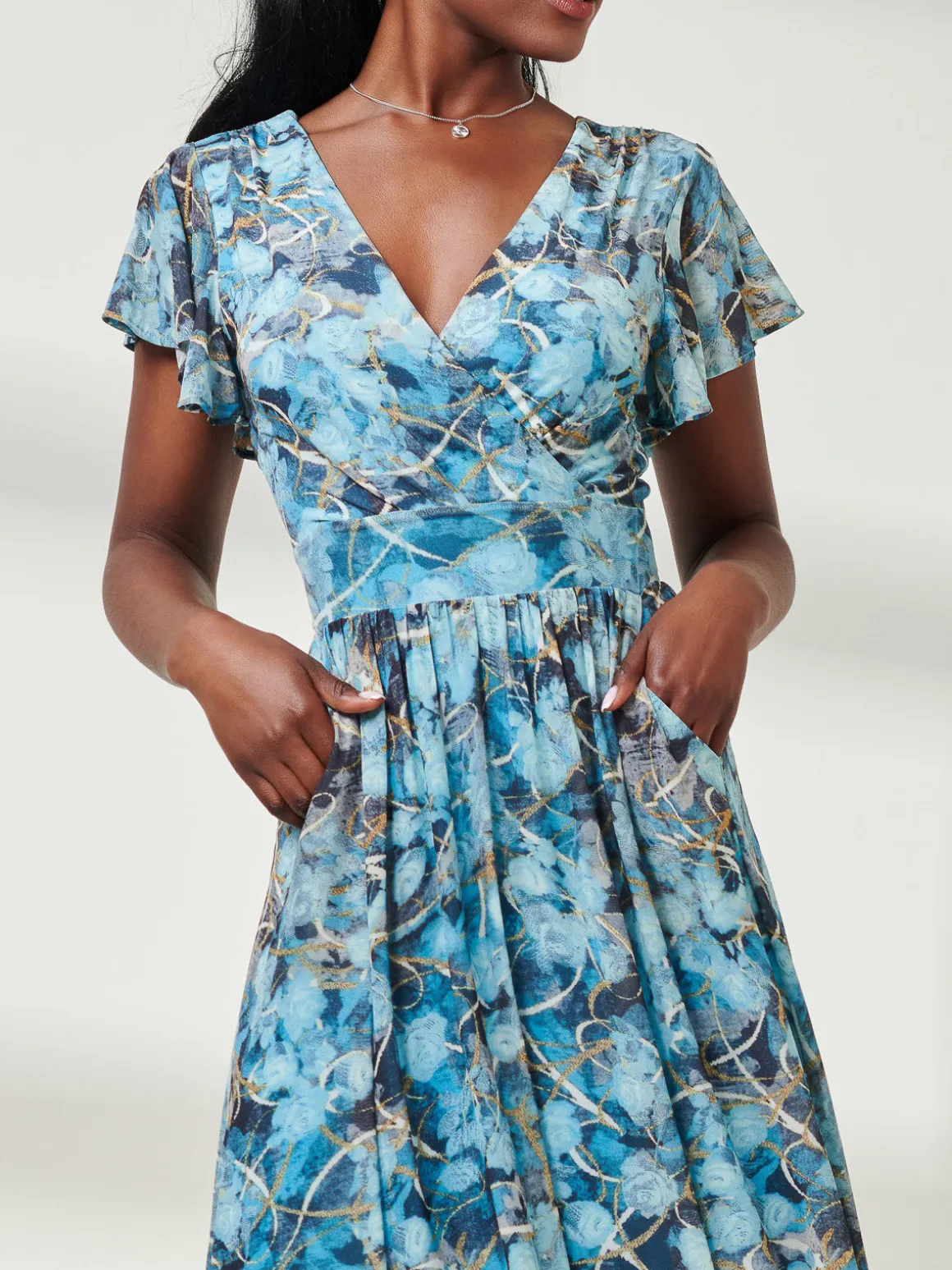 Wrap Dip Hem Mesh Maxi Dress, Blue Abstract