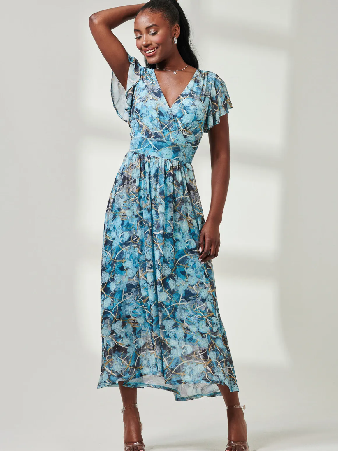 Wrap Dip Hem Mesh Maxi Dress, Blue Abstract