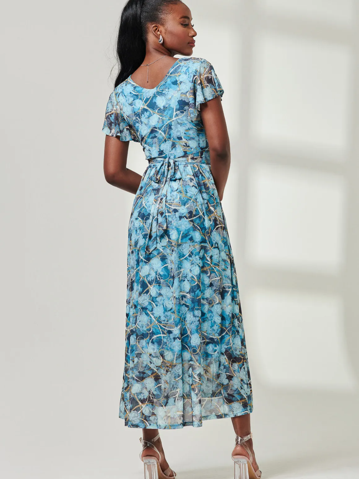 Wrap Dip Hem Mesh Maxi Dress, Blue Abstract