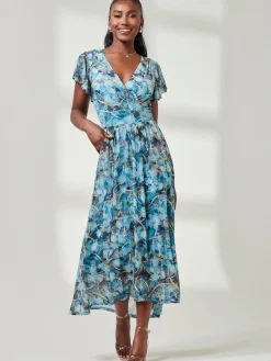 Wrap Dip Hem Mesh Maxi Dress, Blue Abstract