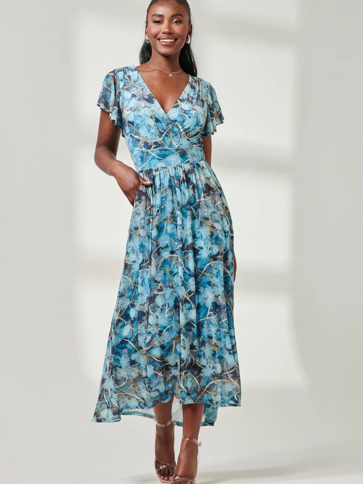Wrap Dip Hem Mesh Maxi Dress, Blue Abstract
