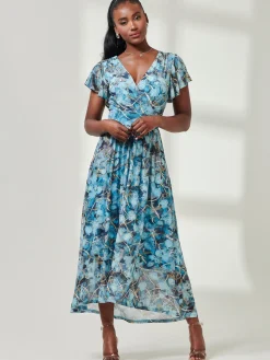 Wrap Dip Hem Mesh Maxi Dress, Blue Abstract