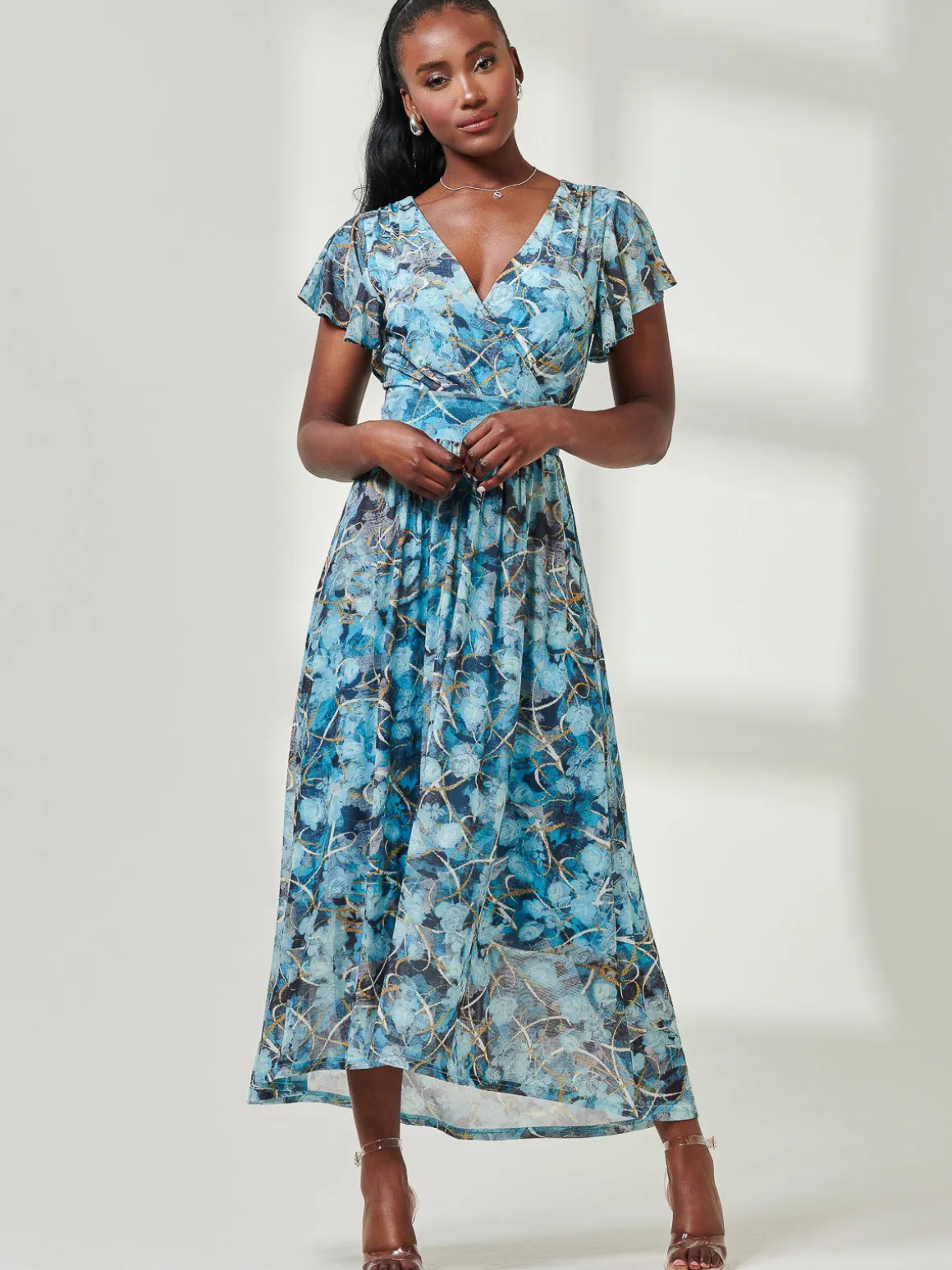 Wrap Dip Hem Mesh Maxi Dress, Blue Abstract