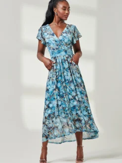 Wrap Dip Hem Mesh Maxi Dress, Blue Abstract
