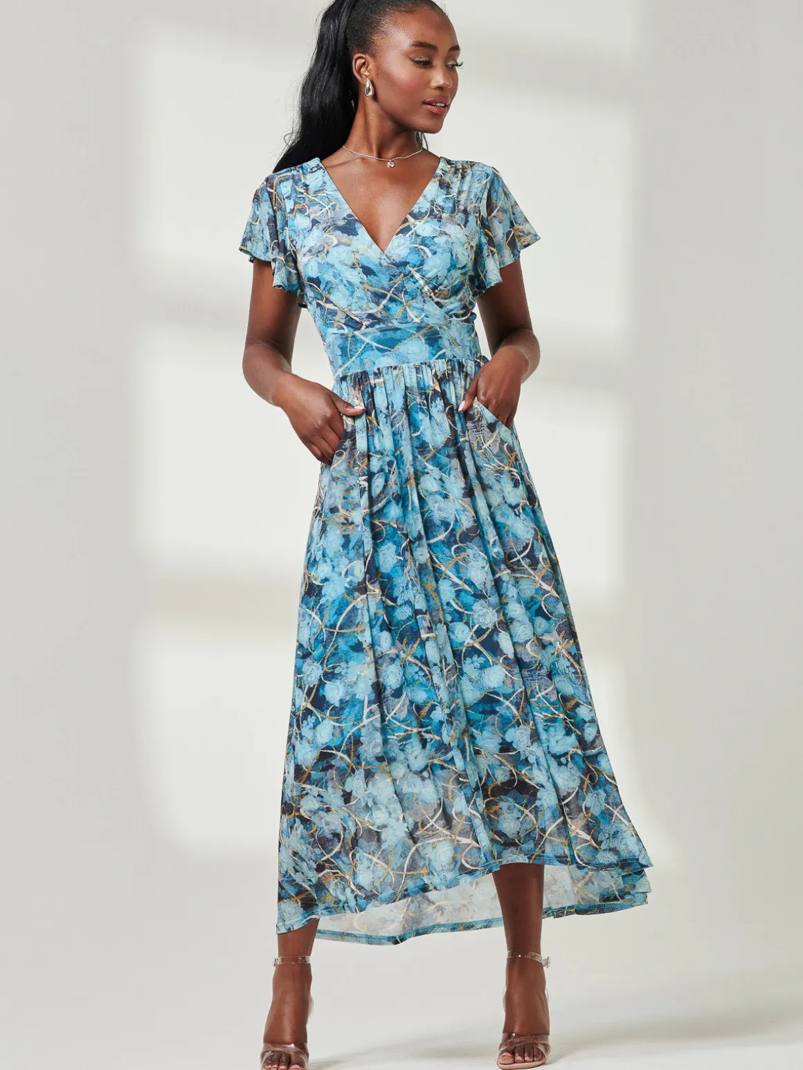 Wrap Dip Hem Mesh Maxi Dress, Blue Abstract