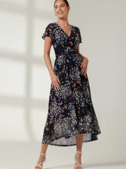 Wrap Dip Hem Mesh Maxi Dress, Navy Floral