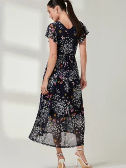 Wrap Dip Hem Mesh Maxi Dress, Navy Floral