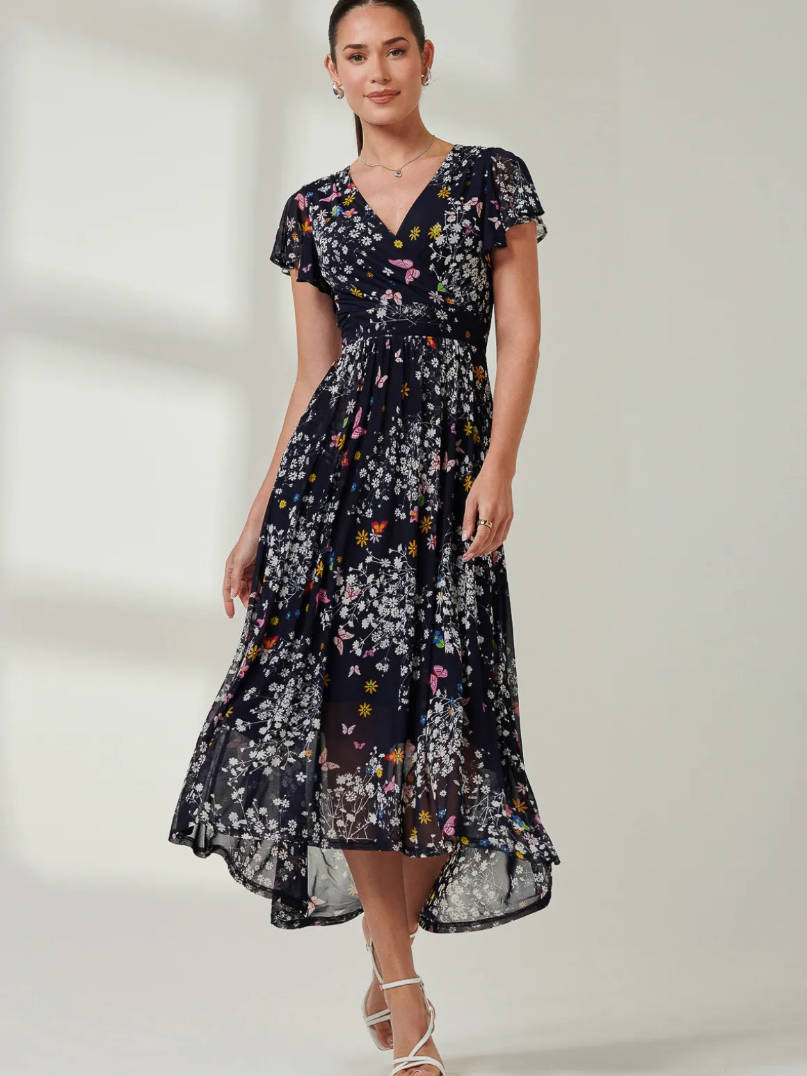 Wrap Dip Hem Mesh Maxi Dress, Navy Floral