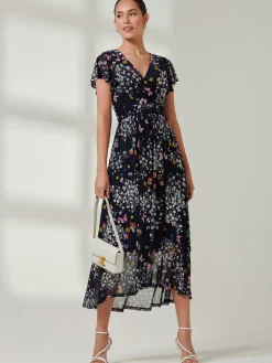 Wrap Dip Hem Mesh Maxi Dress, Navy Floral