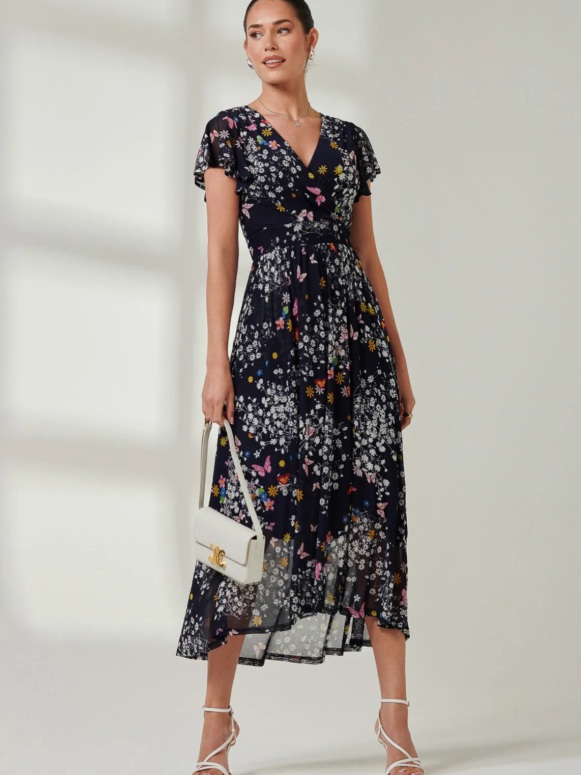 Wrap Dip Hem Mesh Maxi Dress, Navy Floral