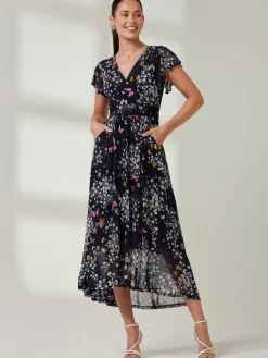 Wrap Dip Hem Mesh Maxi Dress, Navy Floral