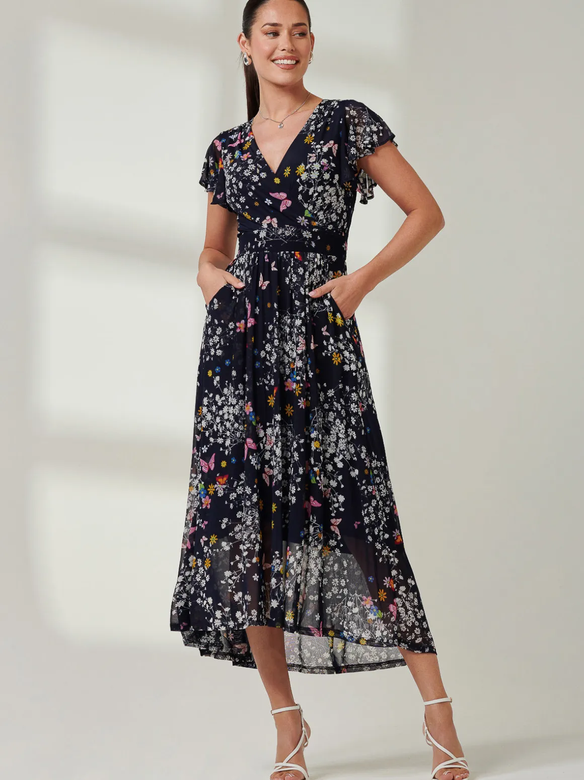 Wrap Dip Hem Mesh Maxi Dress, Navy Floral