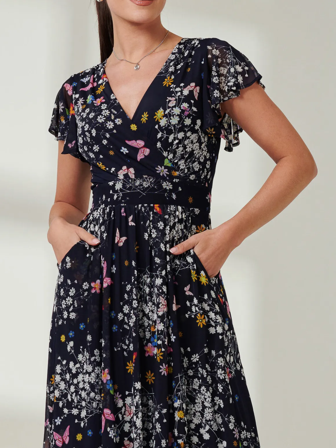 Wrap Dip Hem Mesh Maxi Dress, Navy Floral