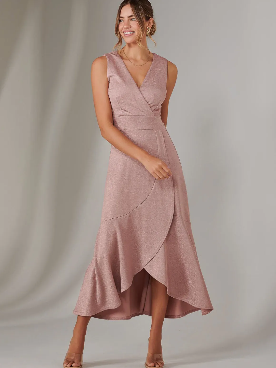 Wrap Frill Hem Maxi Dress, Dusty Pink