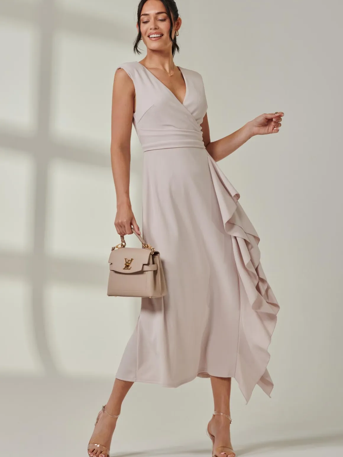 Wrap Front Frill Detail Maxi Dress, Dove