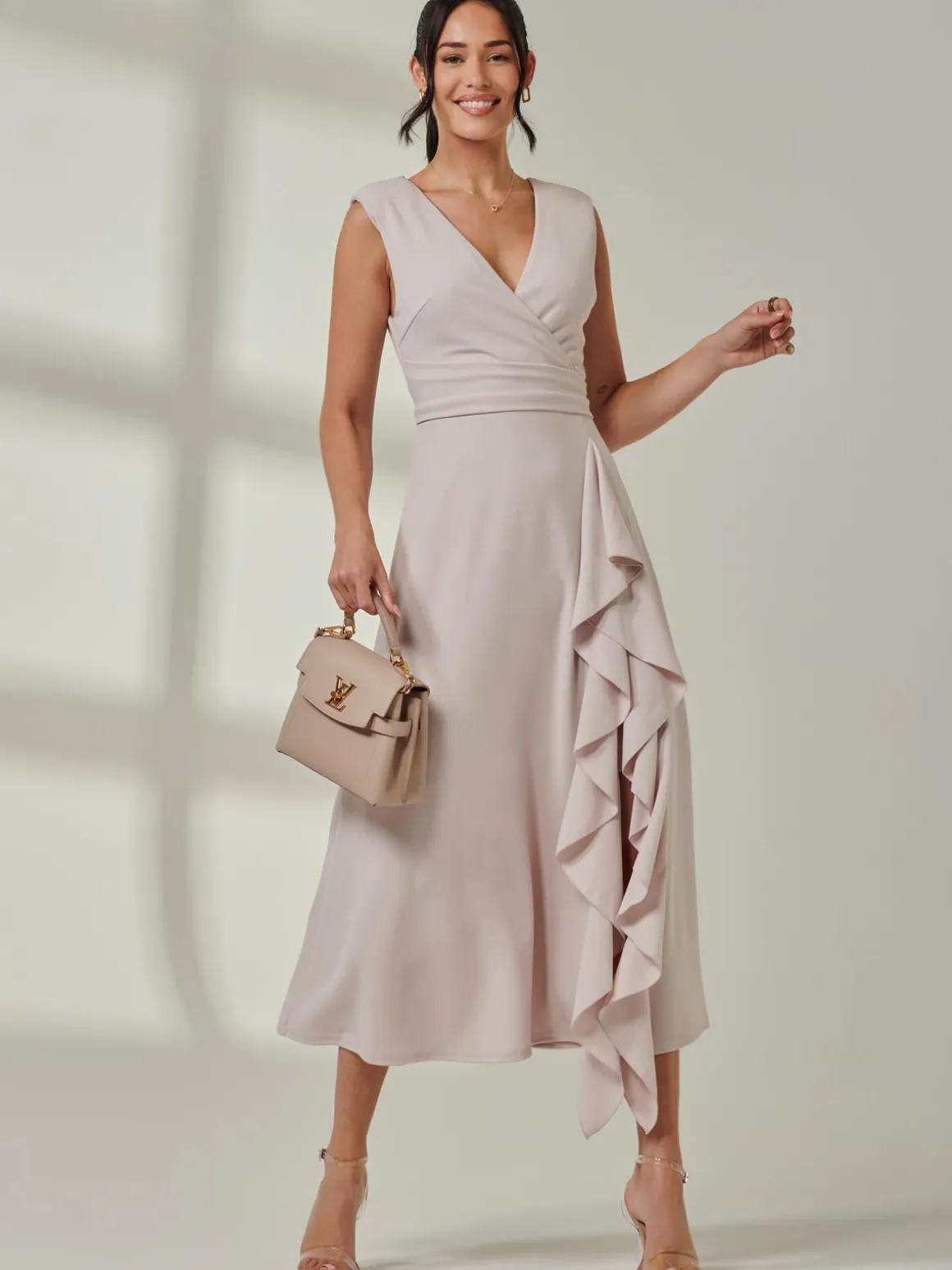 Wrap Front Frill Detail Maxi Dress, Dove