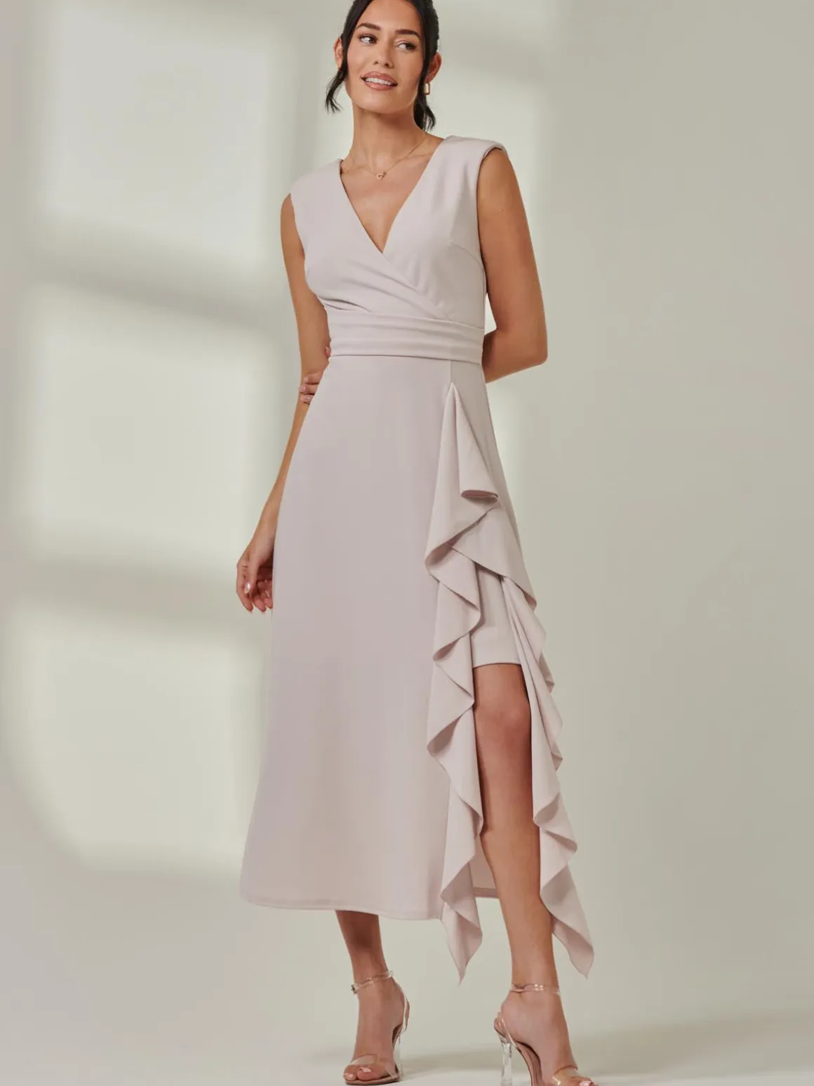 Wrap Front Frill Detail Maxi Dress, Dove