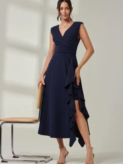Wrap Front Frill Detail Maxi Dress, Navy