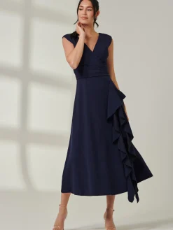 Wrap Front Frill Detail Maxi Dress, Navy