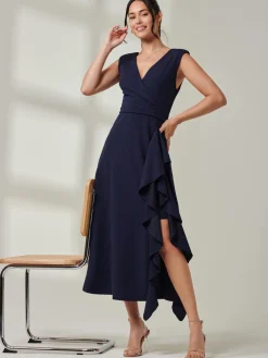 Wrap Front Frill Detail Maxi Dress, Navy