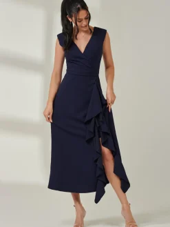 Wrap Front Frill Detail Maxi Dress, Navy