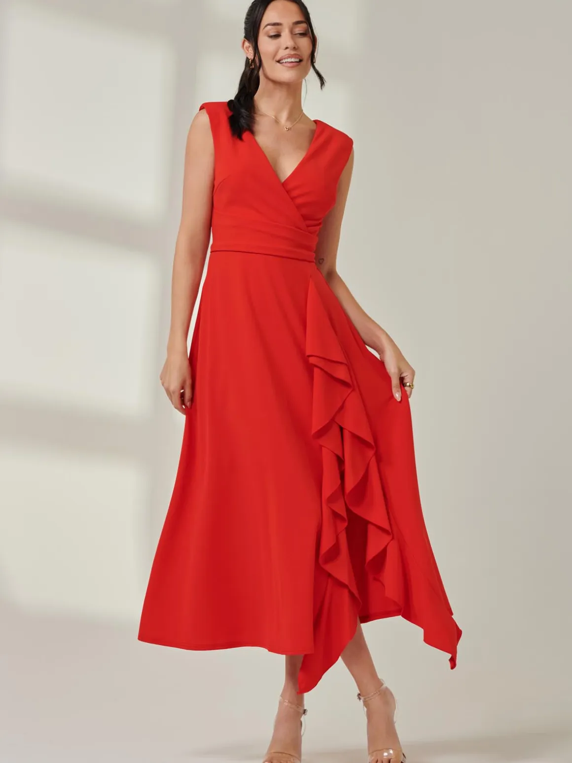 Wrap Front Frill Detail Maxi Dress, Red