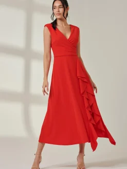 Wrap Front Frill Detail Maxi Dress, Red