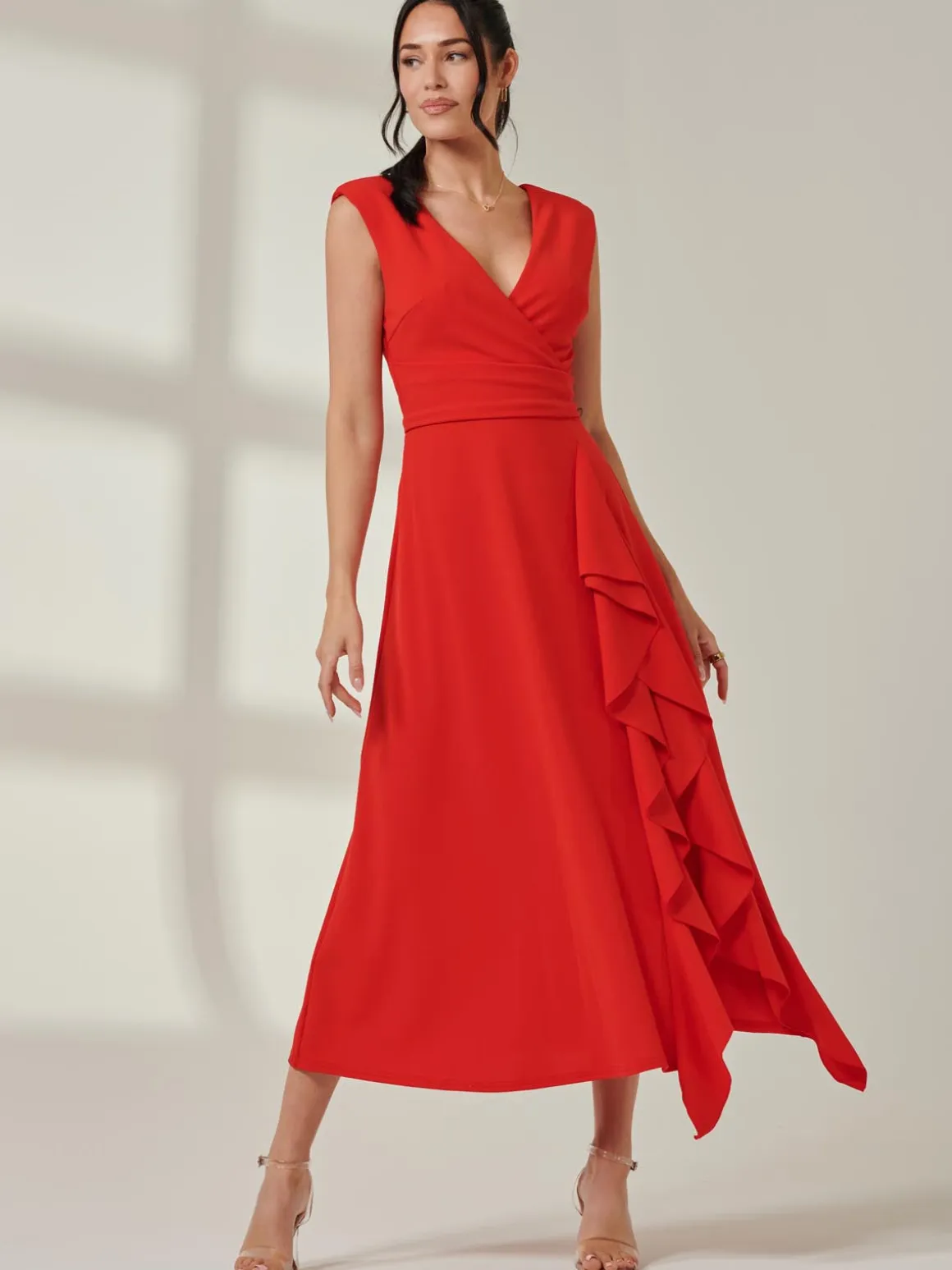 Wrap Front Frill Detail Maxi Dress, Red