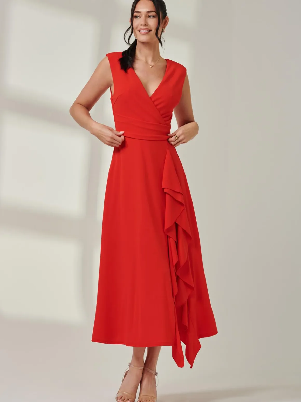 Wrap Front Frill Detail Maxi Dress, Red