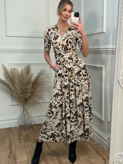 Wrap Front Jersey Maxi Dress, Cream Animal