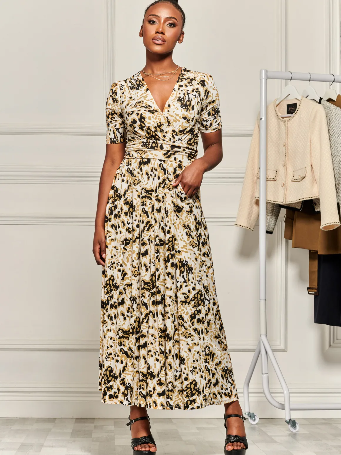 Wrap Front Jersey Maxi Dress, Cream Animal