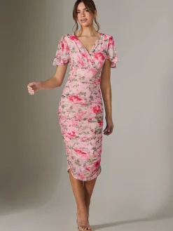 Wrap Front Mesh Bodycon Dress, Coral Multi
