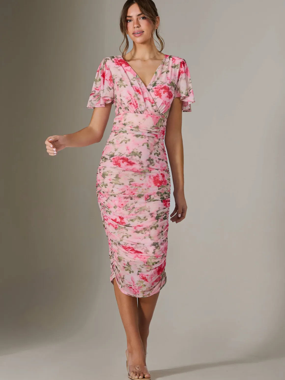 Wrap Front Mesh Bodycon Dress, Coral Multi