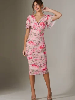 Wrap Front Mesh Bodycon Dress, Coral Multi