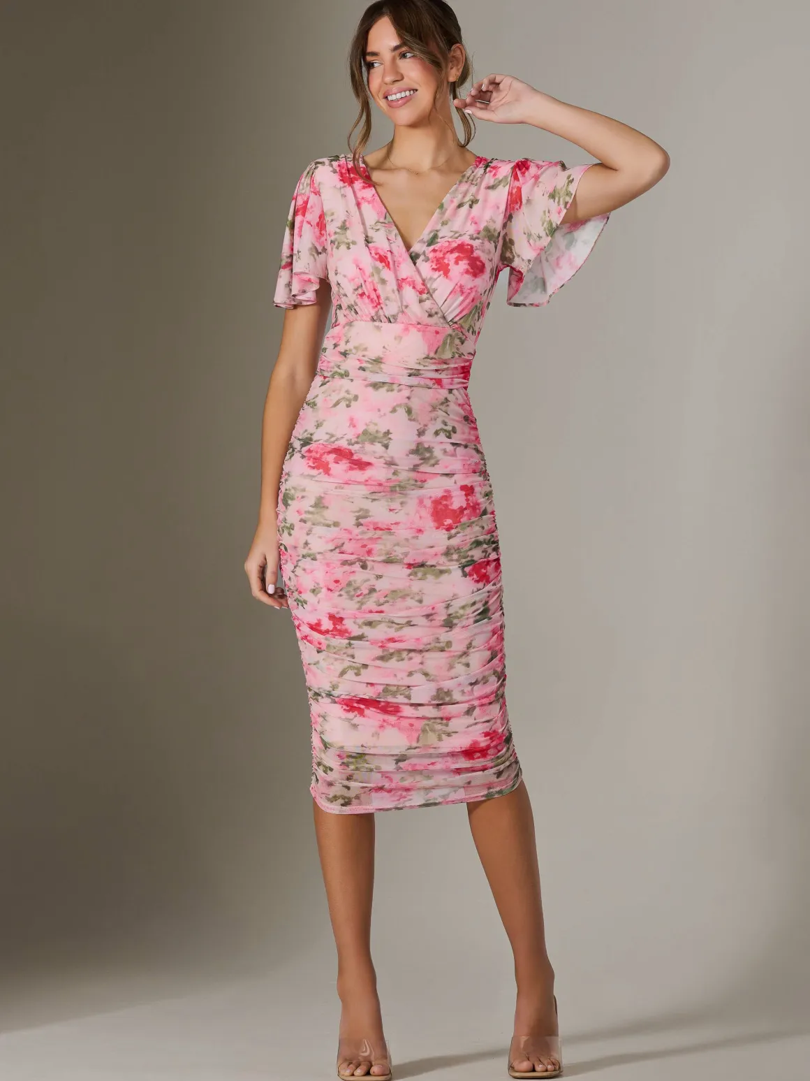 Wrap Front Mesh Bodycon Dress, Coral Multi