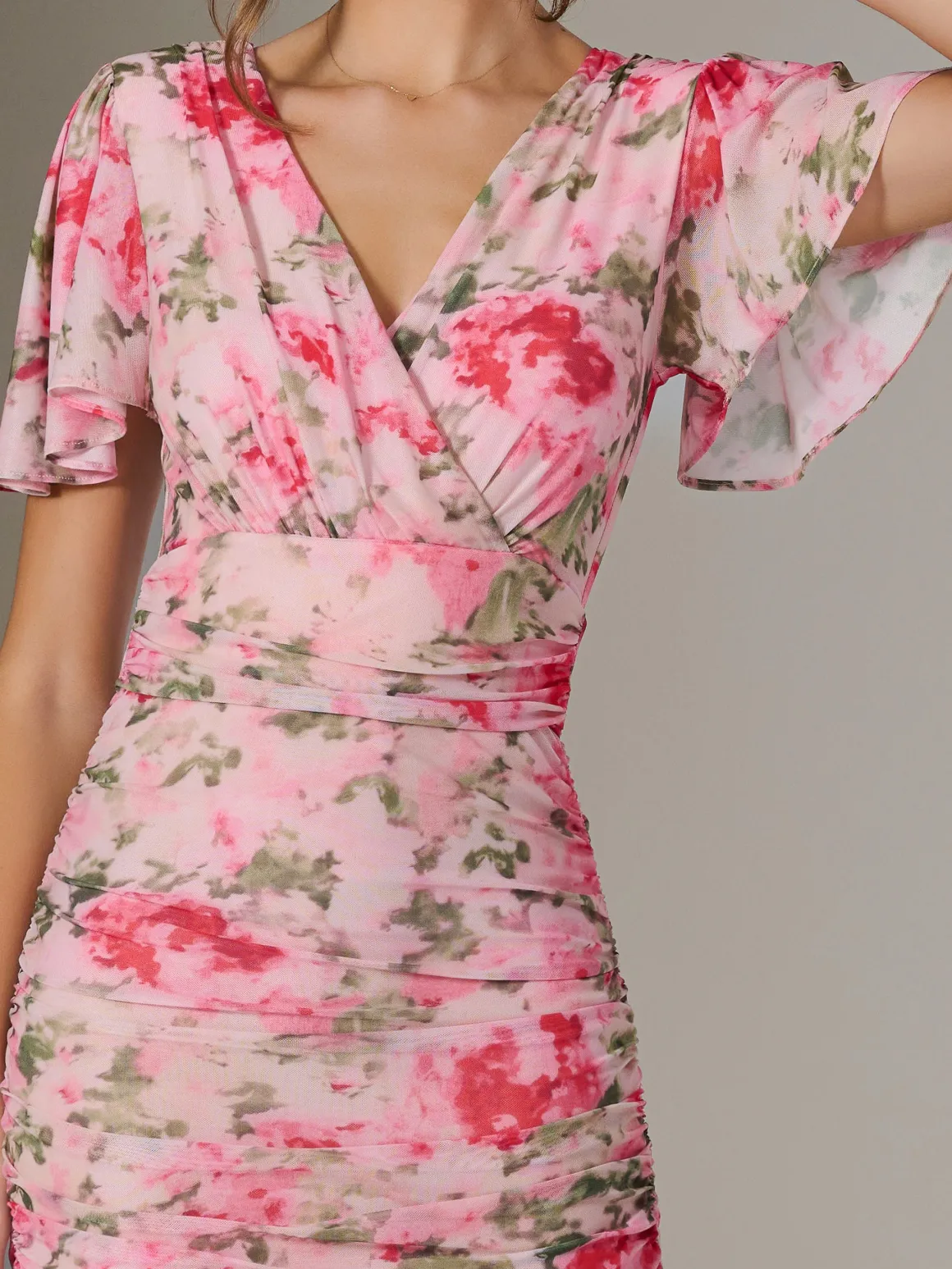 Wrap Front Mesh Bodycon Dress, Coral Multi