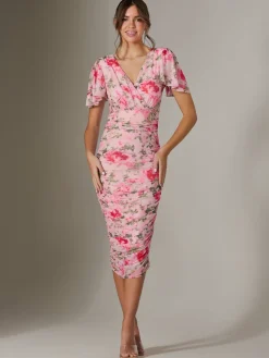 Wrap Front Mesh Bodycon Dress, Coral Multi