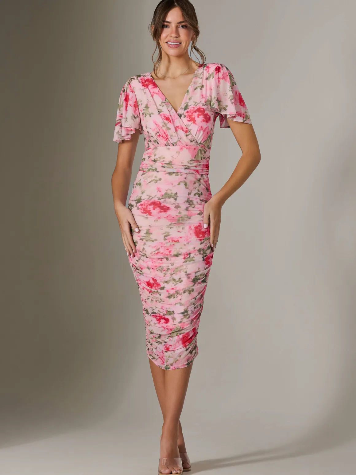 Wrap Front Mesh Bodycon Dress, Coral Multi