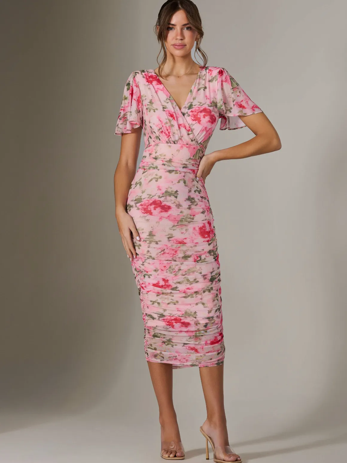 Wrap Front Mesh Bodycon Dress, Coral Multi