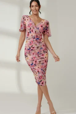 Wrap Front Mesh Bodycon Dress, Pink Floral