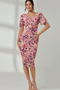 Wrap Front Mesh Bodycon Dress, Pink Floral