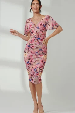 Wrap Front Mesh Bodycon Dress, Pink Floral