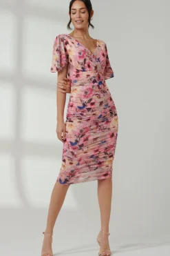 Wrap Front Mesh Bodycon Dress, Pink Floral