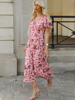 Wrap Front Mesh Maxi Dress, Coral Multi