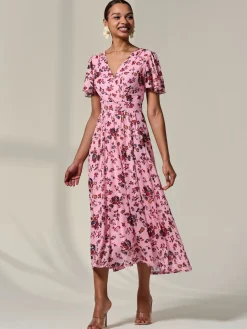 Wrap Front Mesh Maxi Dress, Coral Multi