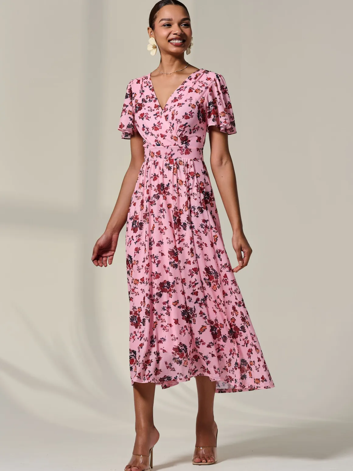 Wrap Front Mesh Maxi Dress, Coral Multi