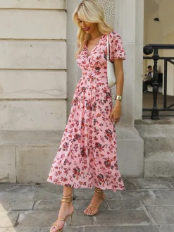 Wrap Front Mesh Maxi Dress, Coral Multi