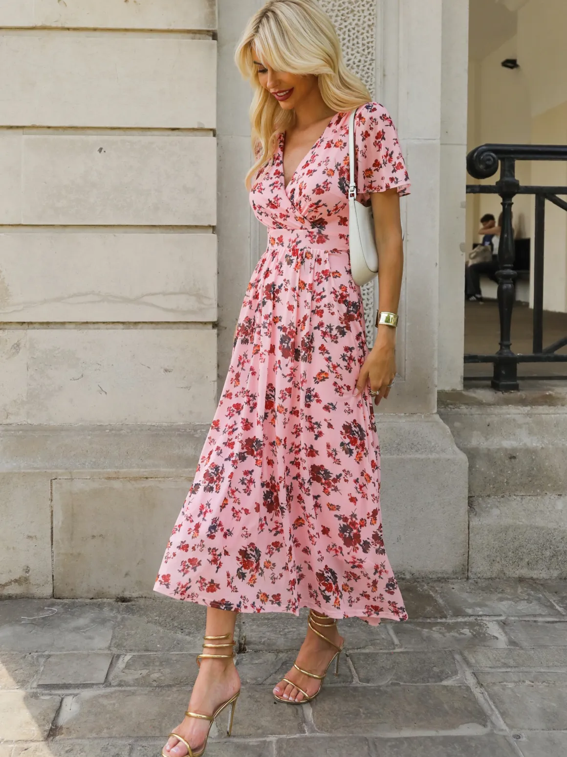 Wrap Front Mesh Maxi Dress, Coral Multi