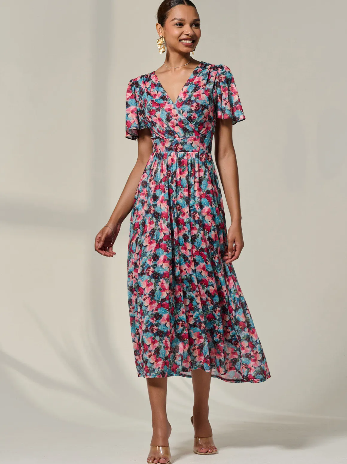 Wrap Front Mesh Maxi Dress, Teal Multi